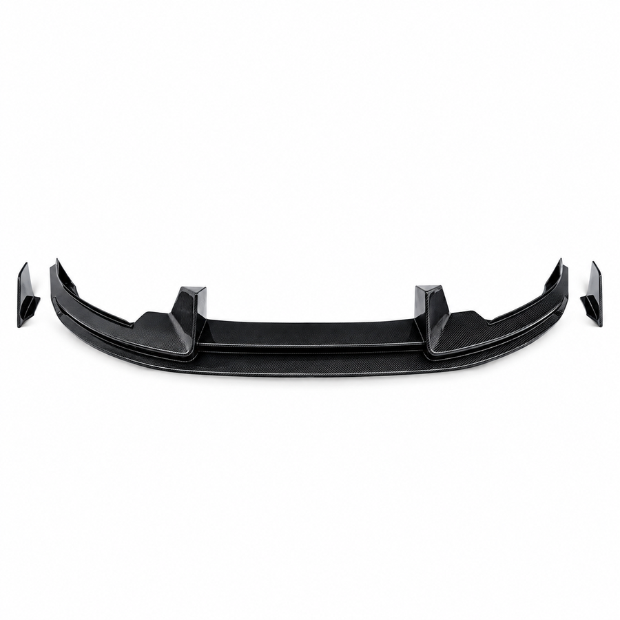 Model Y front lip with a woven surface and separate end pieces, isolated on a white background.