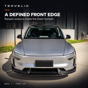 Front lip installed on the supplier-photographed silver Model Y, showing raised contours along the lower bumper.