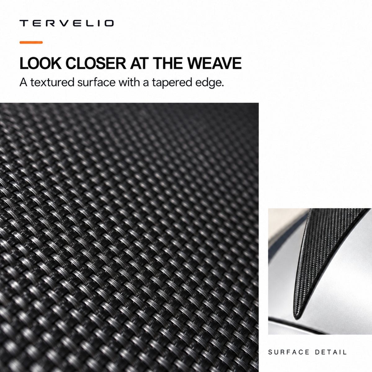 AI-assisted illustration of the spoiler woven finish with a supplier-referenced tapered edge detail.
