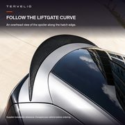 TERVELIO rear spoiler for Model Y, overhead fitted liftgate curve. AI-assisted cleanup of supplier installation photo.