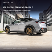 TERVELIO Model Y rear spoiler, rear three-quarter tapered end profile. Other accessories sold separately. AI-assisted cleanup.