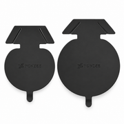 Supplier-photographed pair of black TPU charge-port covers on a white background, showing their circular bodies and pull tabs.