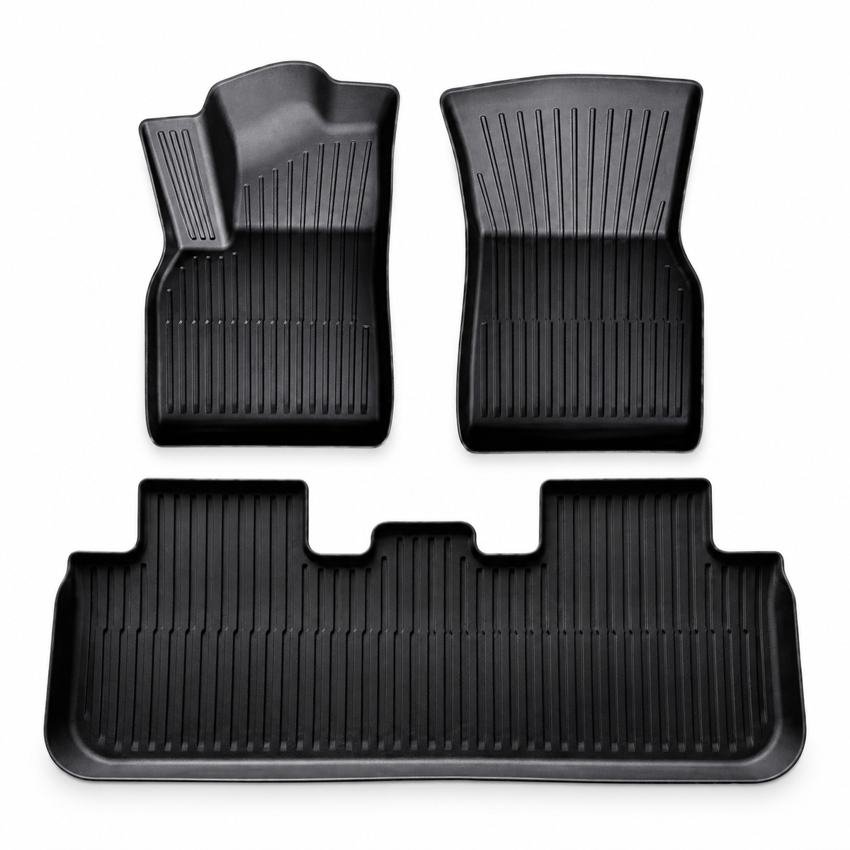 Three black molded TPE cabin floor mats shown on a white background, supplier-listed for refreshed Model Y.