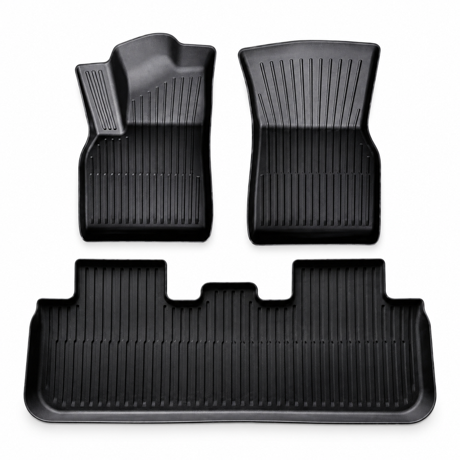 Three black molded TPE cabin floor mats shown on a white background, supplier-listed for refreshed Model Y.