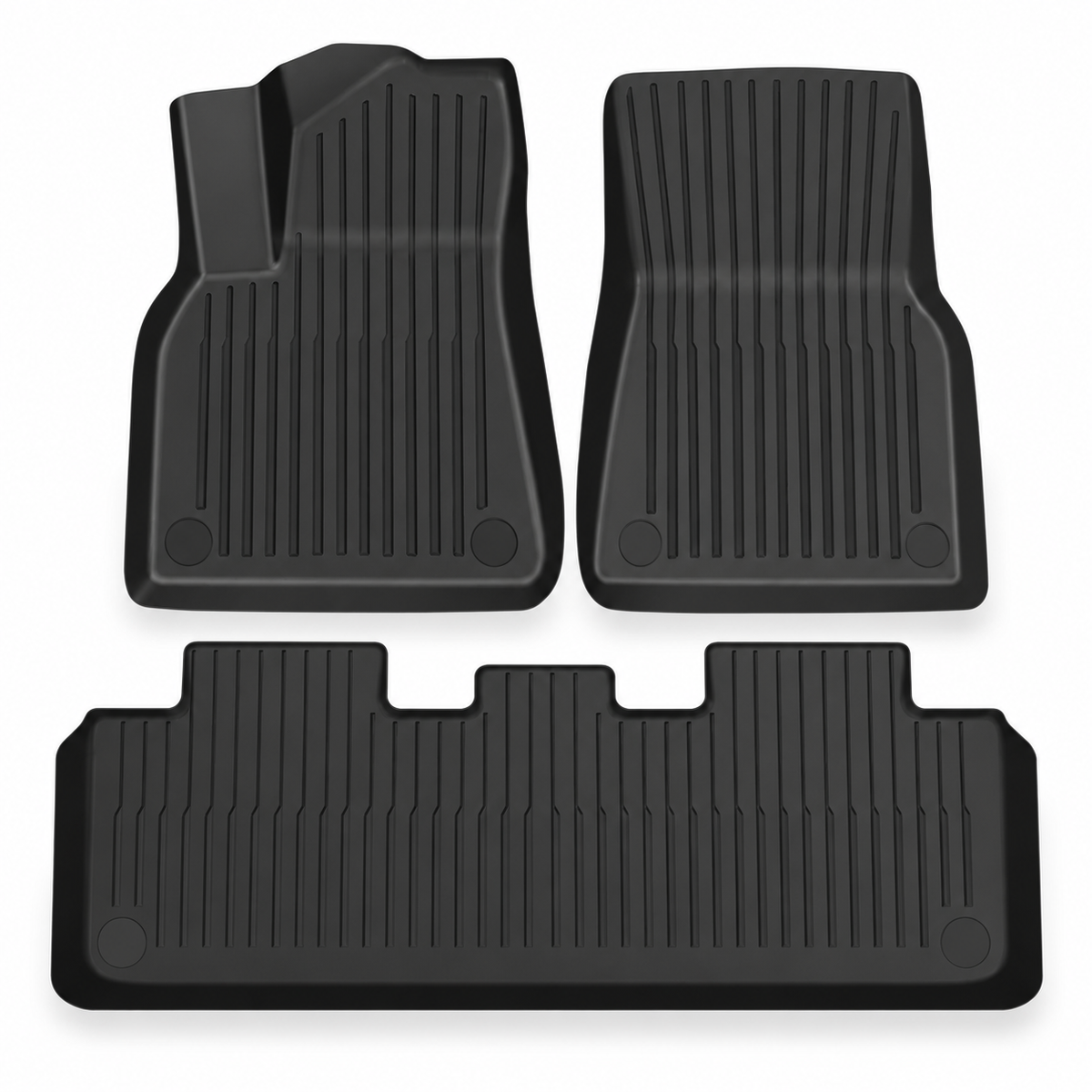 Three black cabin floor mats for Model Y isolated on white: two front mats and one wide rear mat