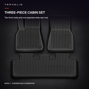 Three-piece black TPE cabin floor mat layout with two front mats and a wide rear mat