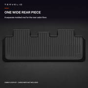 Wide rear cabin floor mat with stepped outline and molded channels