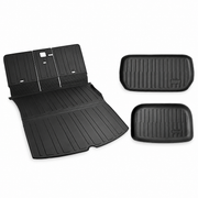 Model Y cargo and seatback mat set, main extended liner and two separate tray mats on white background