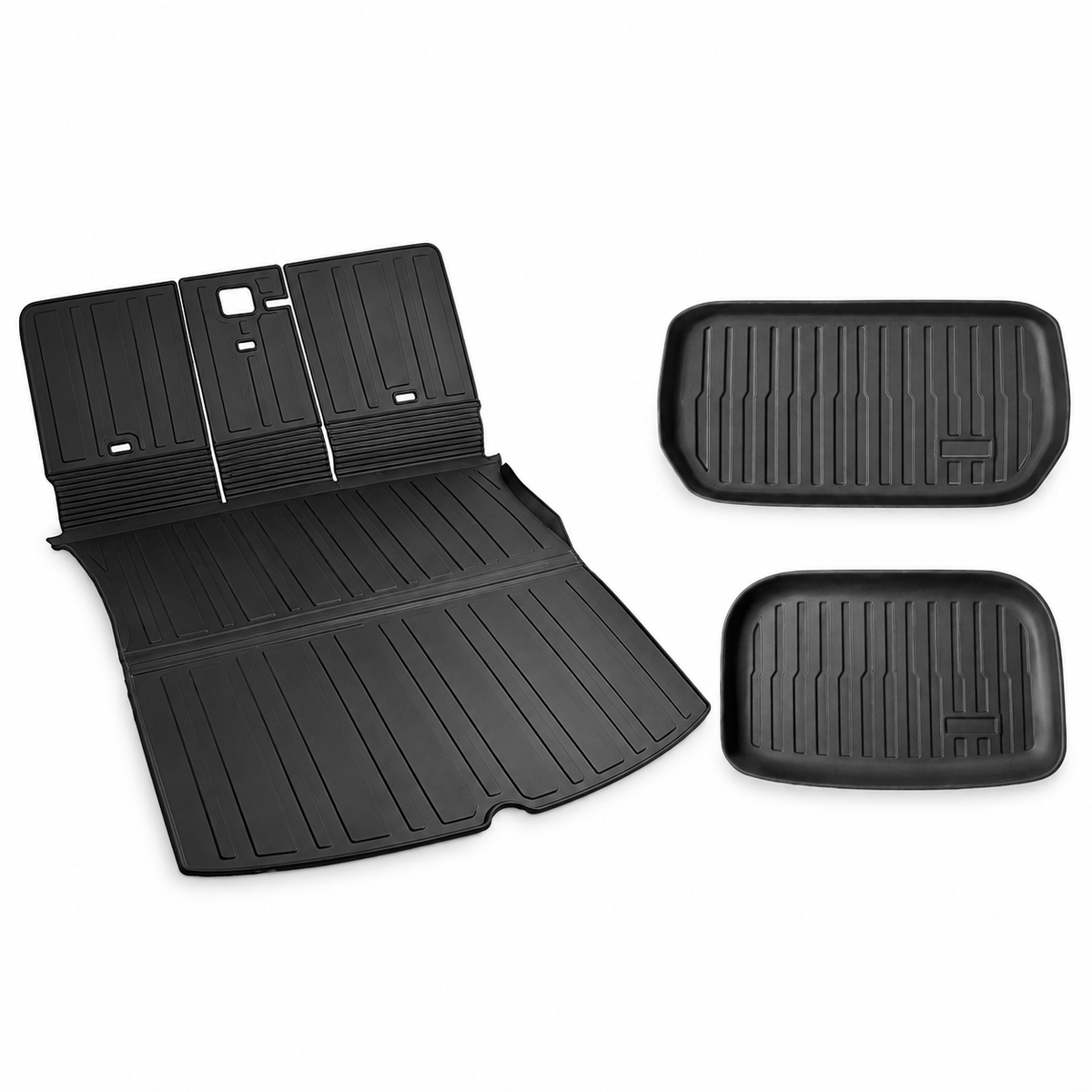 Model Y cargo and seatback mat set, main extended liner and two separate tray mats on white background