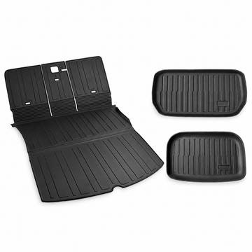 Model Y cargo and seatback mat set, main extended liner and two separate tray mats on white background