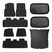 Model Y floor and cargo mat bundle, nine-piece package with molded mats, carpet inserts and cargo mats on white background