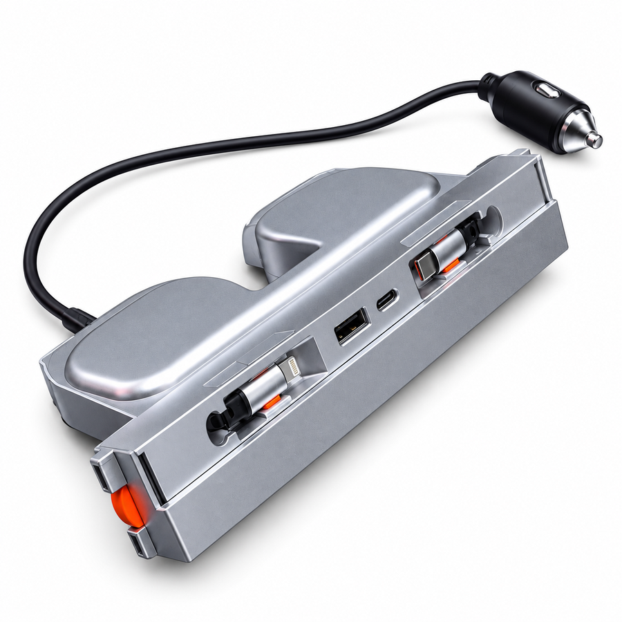 TERVELIO center-console charging hub on white, Apple + USB-C configuration shown.