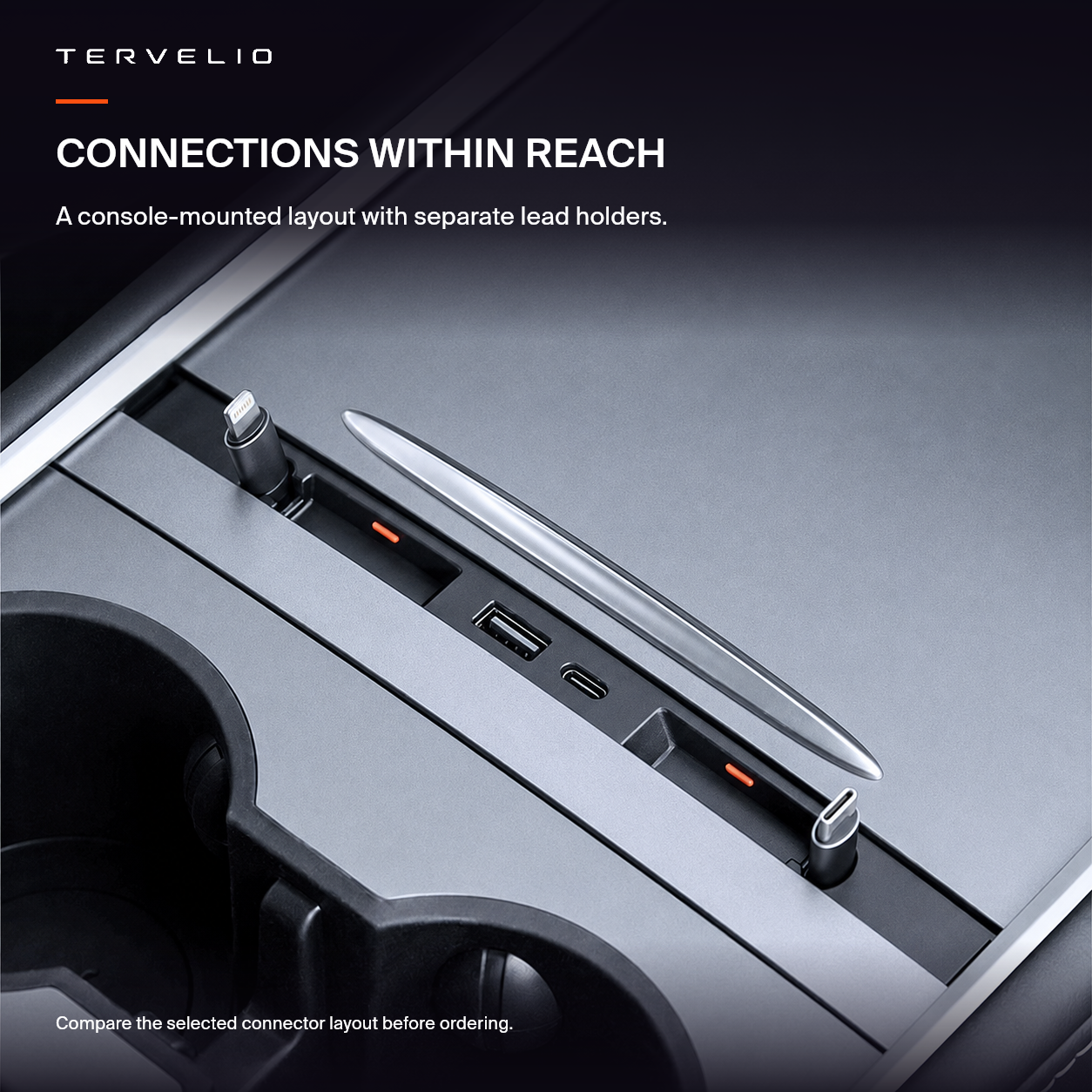 TERVELIO center-console charging hub installed beside cupholders, with separate Lightning and USB-C lead holders and USB-A / USB-C sockets.