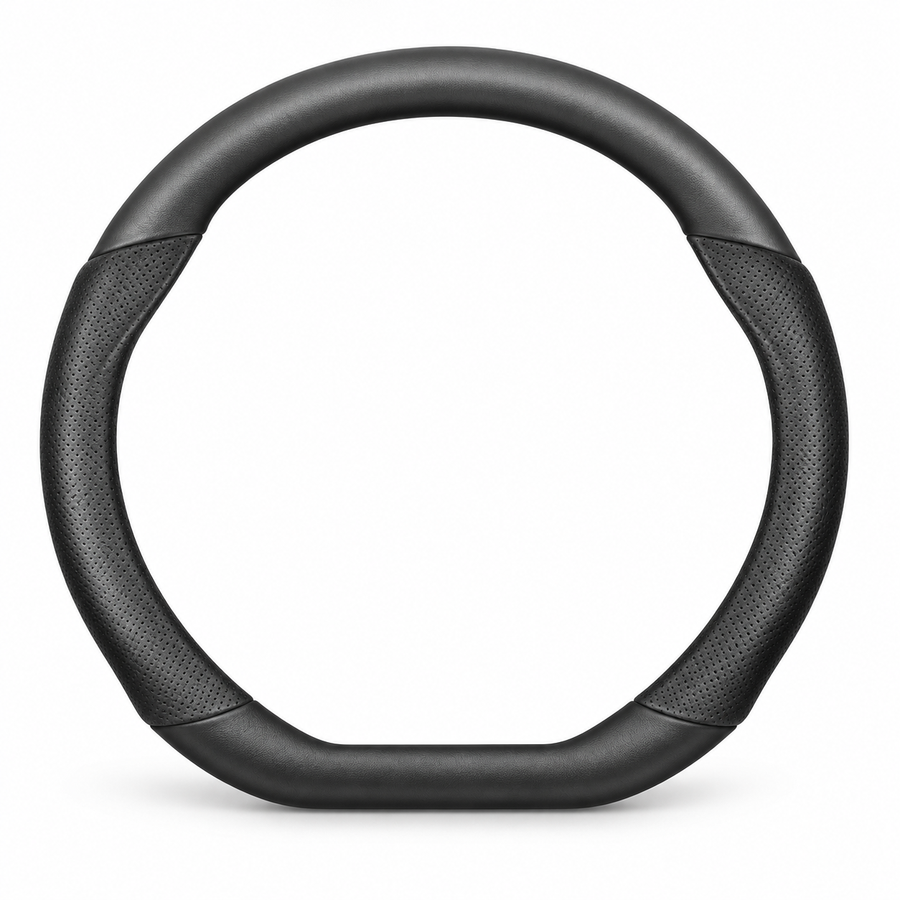 Black slim steering-wheel cover with shaped lower rim, isolated on a white background without text
