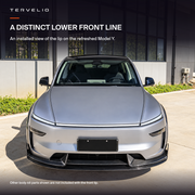 Front-facing supplier installation reference for the carbon-pattern front lip on refreshed Model Y; other body-kit parts not included.