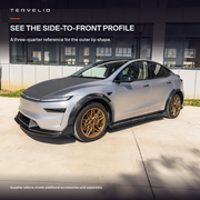 Three-quarter installed view showing the front lip outer profile on the supplier's silver refreshed Model Y; other accessories not included.