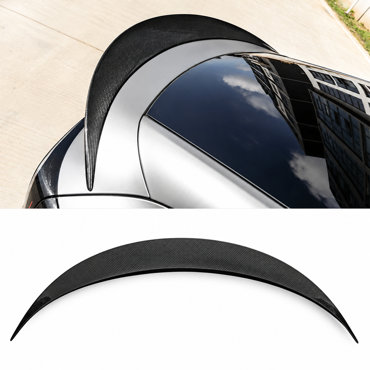 TERVELIO carbon-pattern rear spoiler shown fitted to the supplier's refreshed Model Y liftgate and detached below.