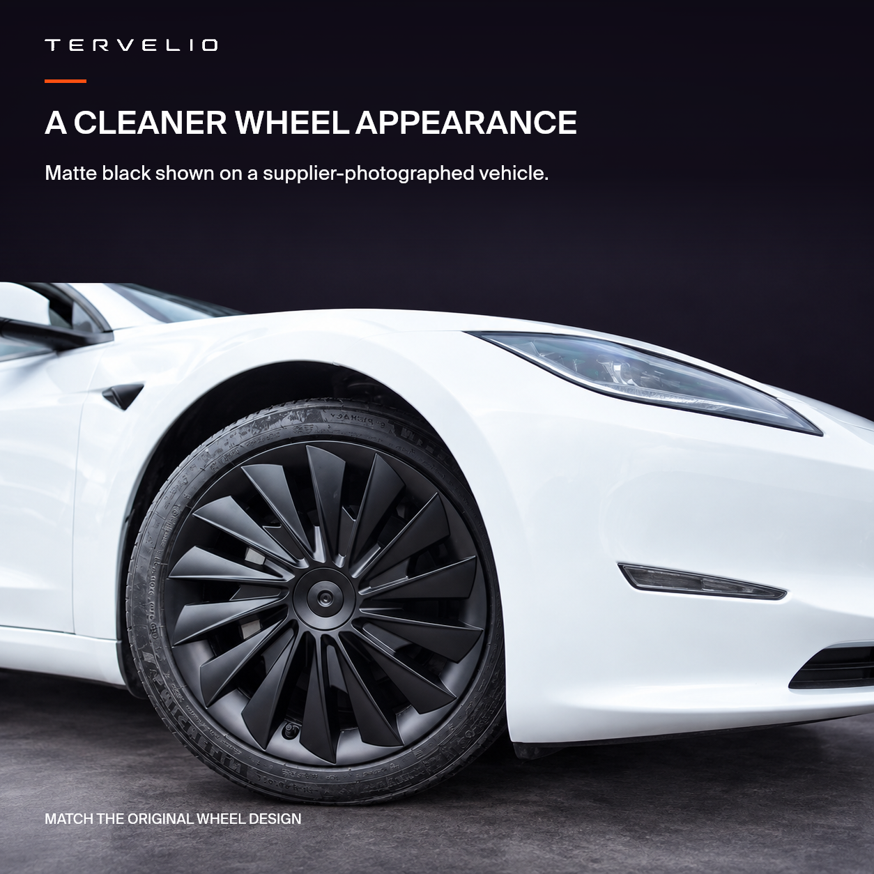 Matte-black multi-spoke wheel cover shown fitted on a supplier-photographed white vehicle.