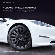 Matte-black multi-spoke wheel cover shown fitted on a supplier-photographed white vehicle.