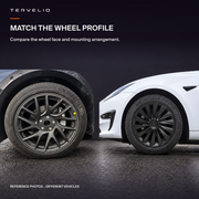 Supplier reference photographs of an uncovered wheel and a black wheel cover on different vehicles.