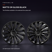 Matte-black wheel cover on the left and gloss-black wheel cover on the right.