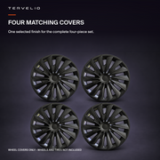 Four matching matte-black multi-spoke wheel covers; wheels and tires are not included.