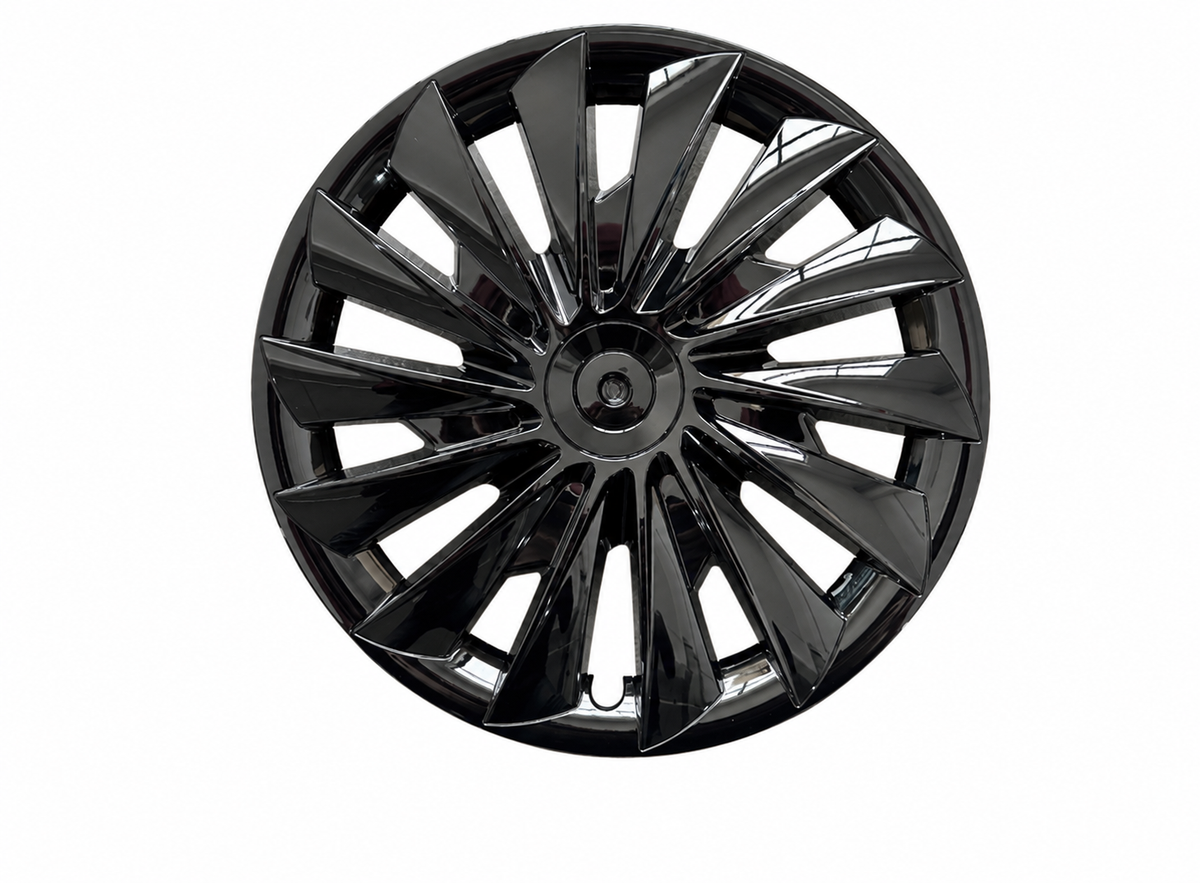 TERVELIO gloss-black 18-inch wheel cover for the selected refreshed Model 3 configuration, front face and spoke detail.