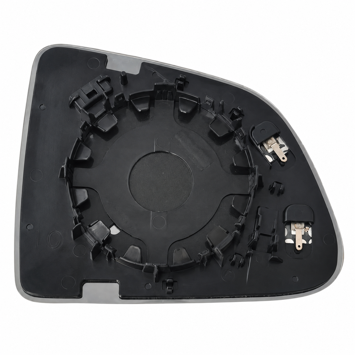 TERVELIO blue side-mirror glass backing, showing the actual retaining clips and two electrical terminals; compare the existing mirror backing before ordering.