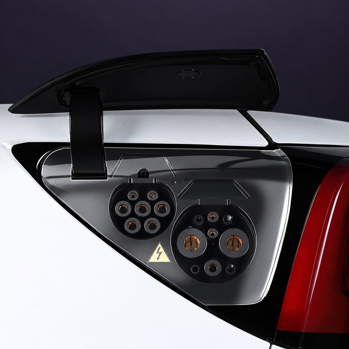 Wraparound smoke-tinted sheet shown across the supplier's two-socket charging-port area; actual port configuration must match.