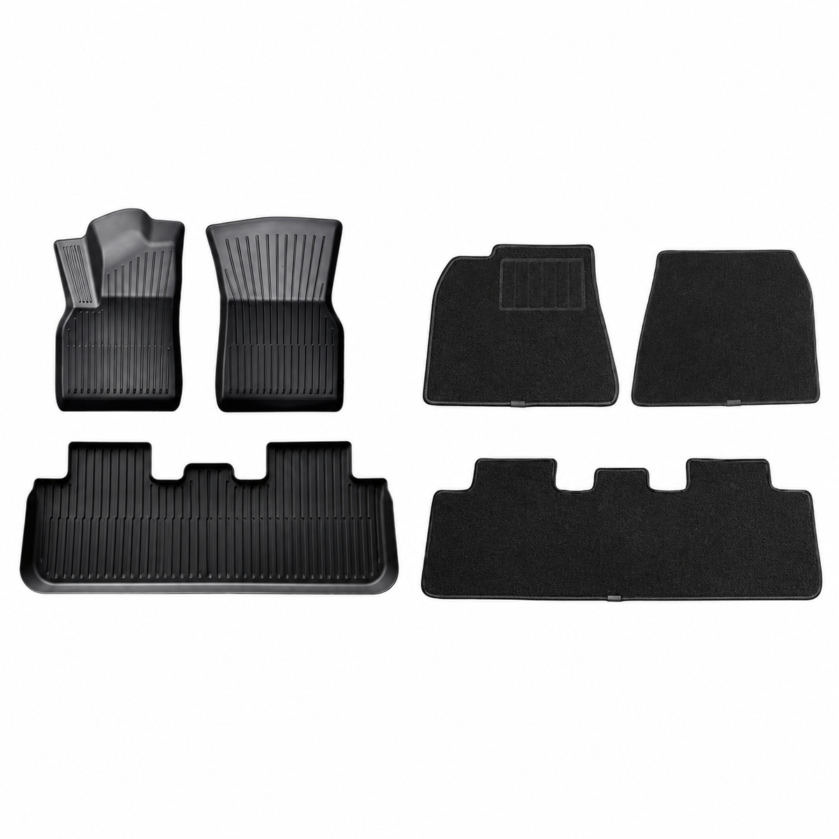 Configuration reference showing three molded TPE base mats on the left and three separate matching carpet top layers on the right; carpet layers are included only with TSL000170.