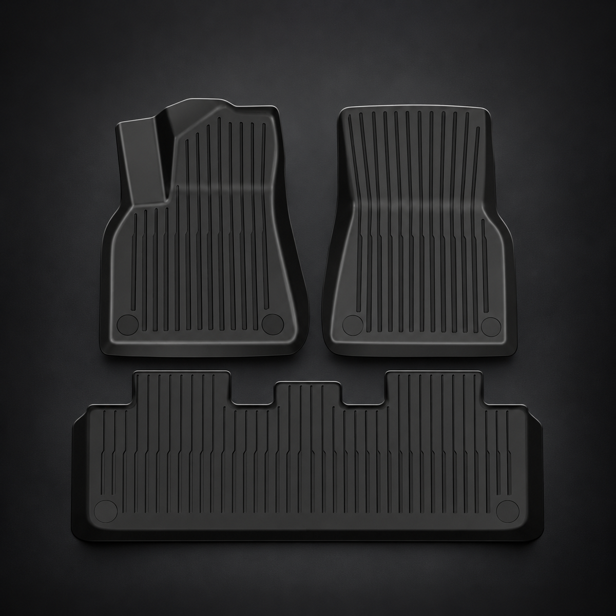 Black TPE floor mat set layout for Tesla Model Y; detached product reference.