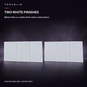 two white finishes: Matte white or a subtle white carbon-style pattern.