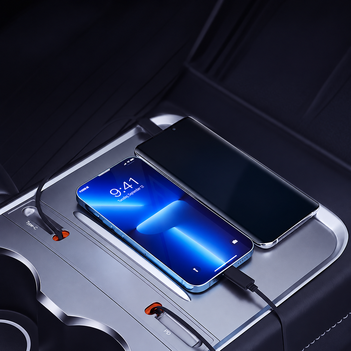 Grey dual-connector hub shown in the supplier's compatible console setting with two demonstration phones; phones are not included.