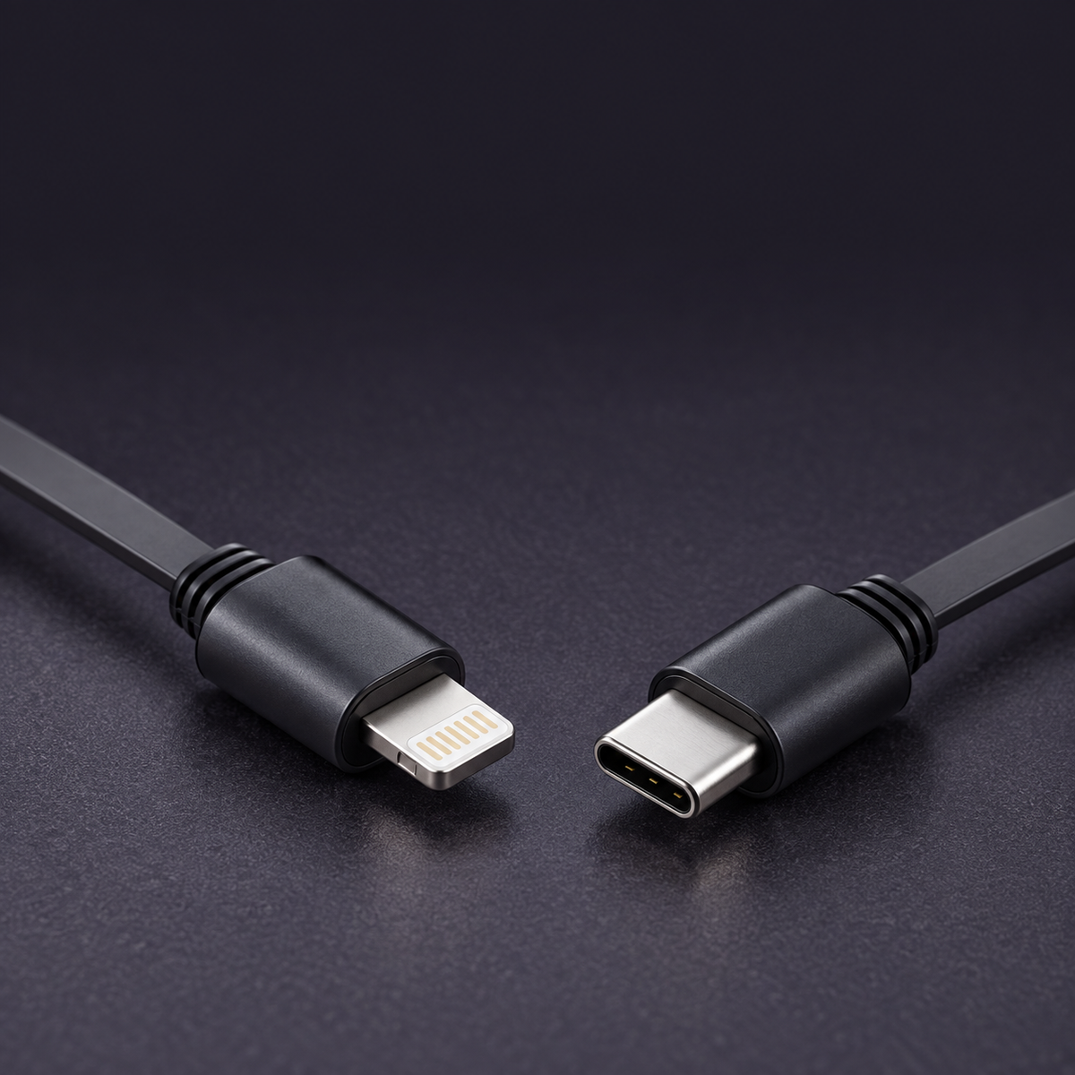 Close-up of separate Lightning and USB-C connector tips on the hub's black retractable leads.