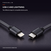 Close-up of separate Lightning and USB-C connector tips on the hub's black retractable leads.