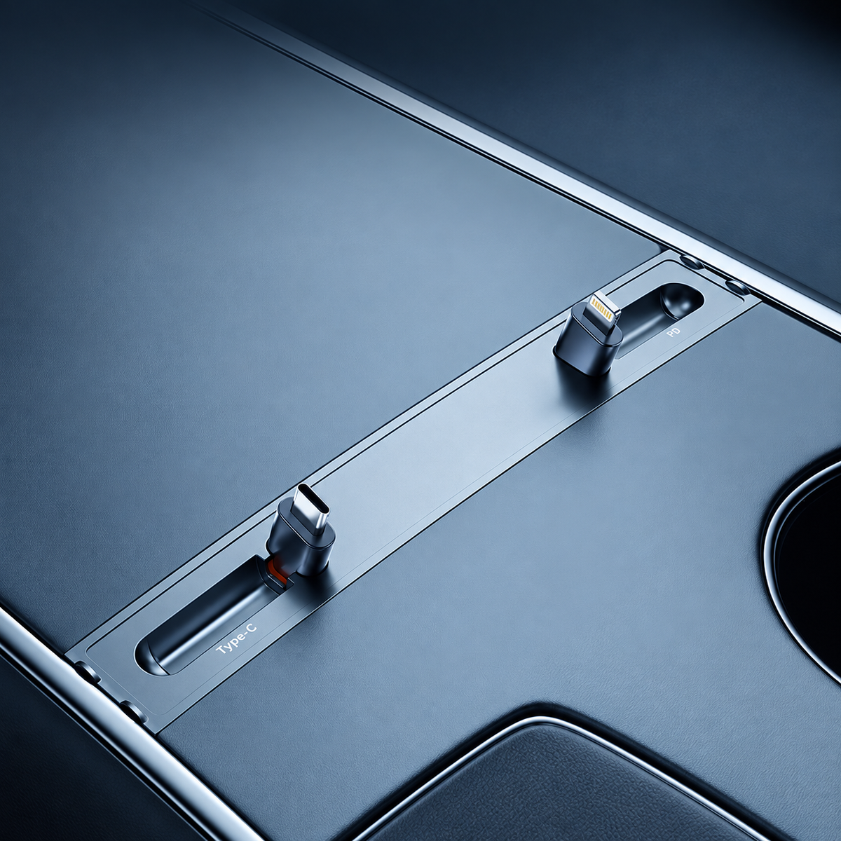 Supplier-derived close-up of the grey console hub with separate USB-C and Lightning connectors in recessed holders.