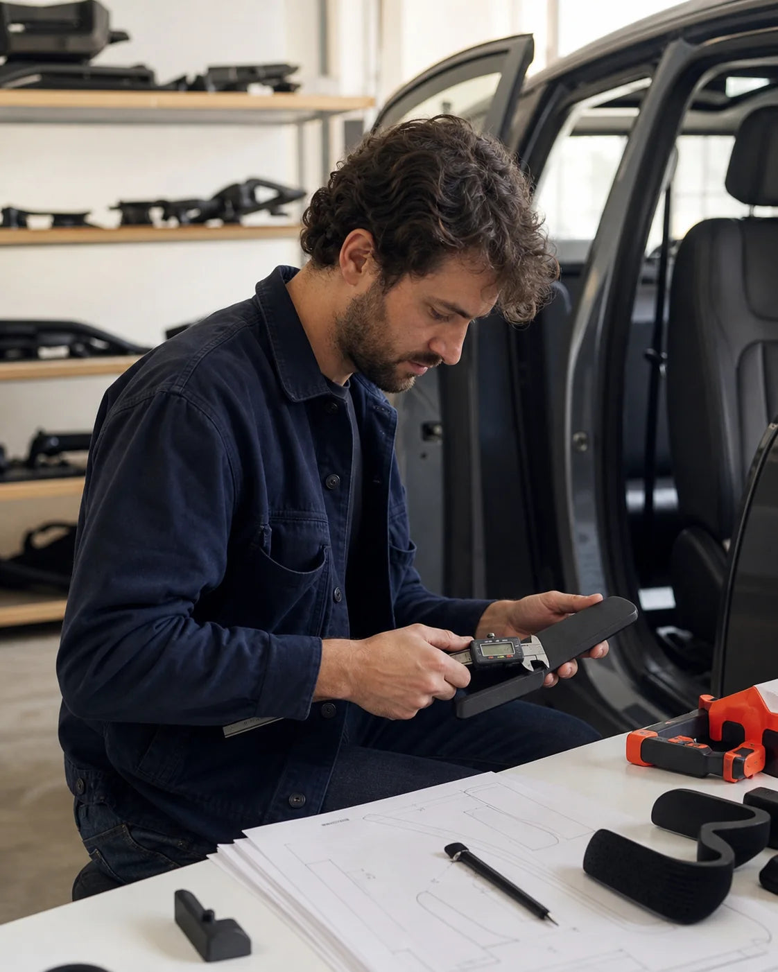 Portrait, working — testing a part on the car, not a studio headshot