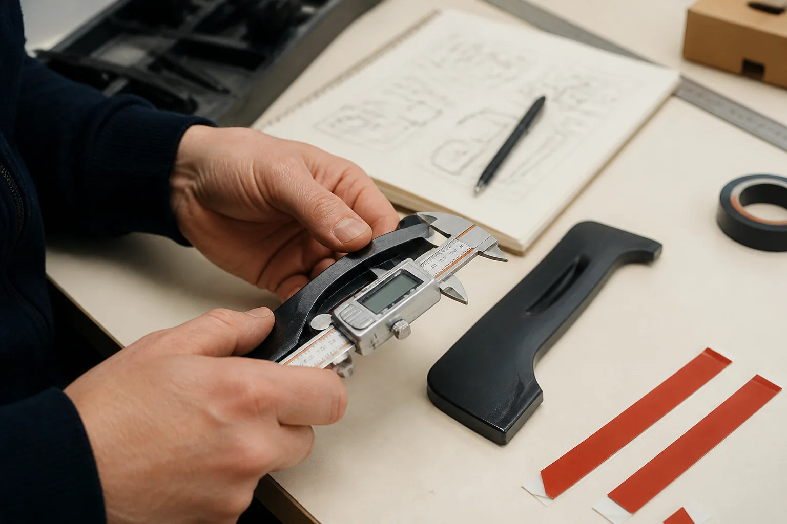 Wide detail shot — the quality bench, calipers and comparison samples