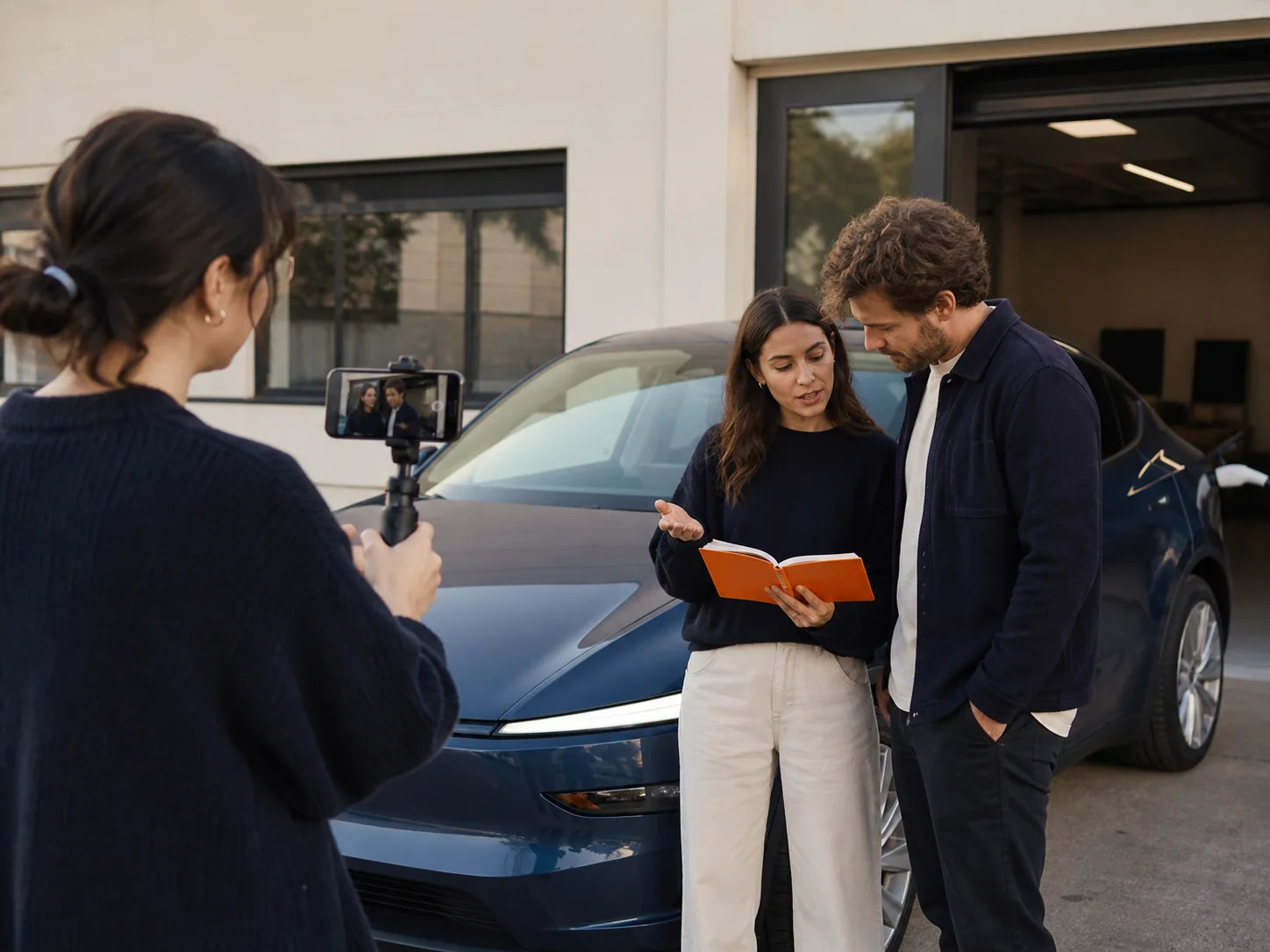 Electric vehicle owners filming a practical community explainer