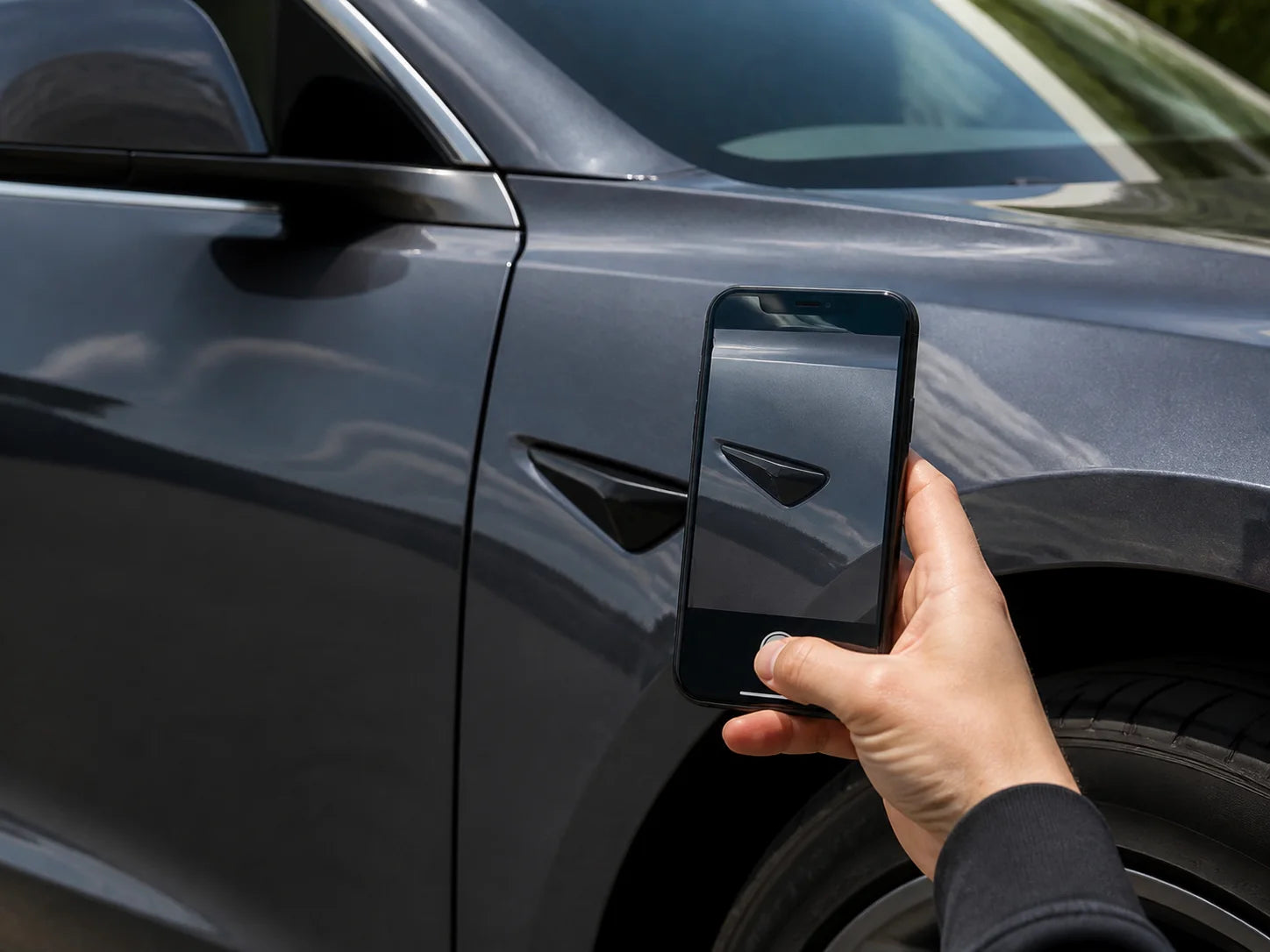 Customer taking a clear reference photo of a vehicle detail in daylight