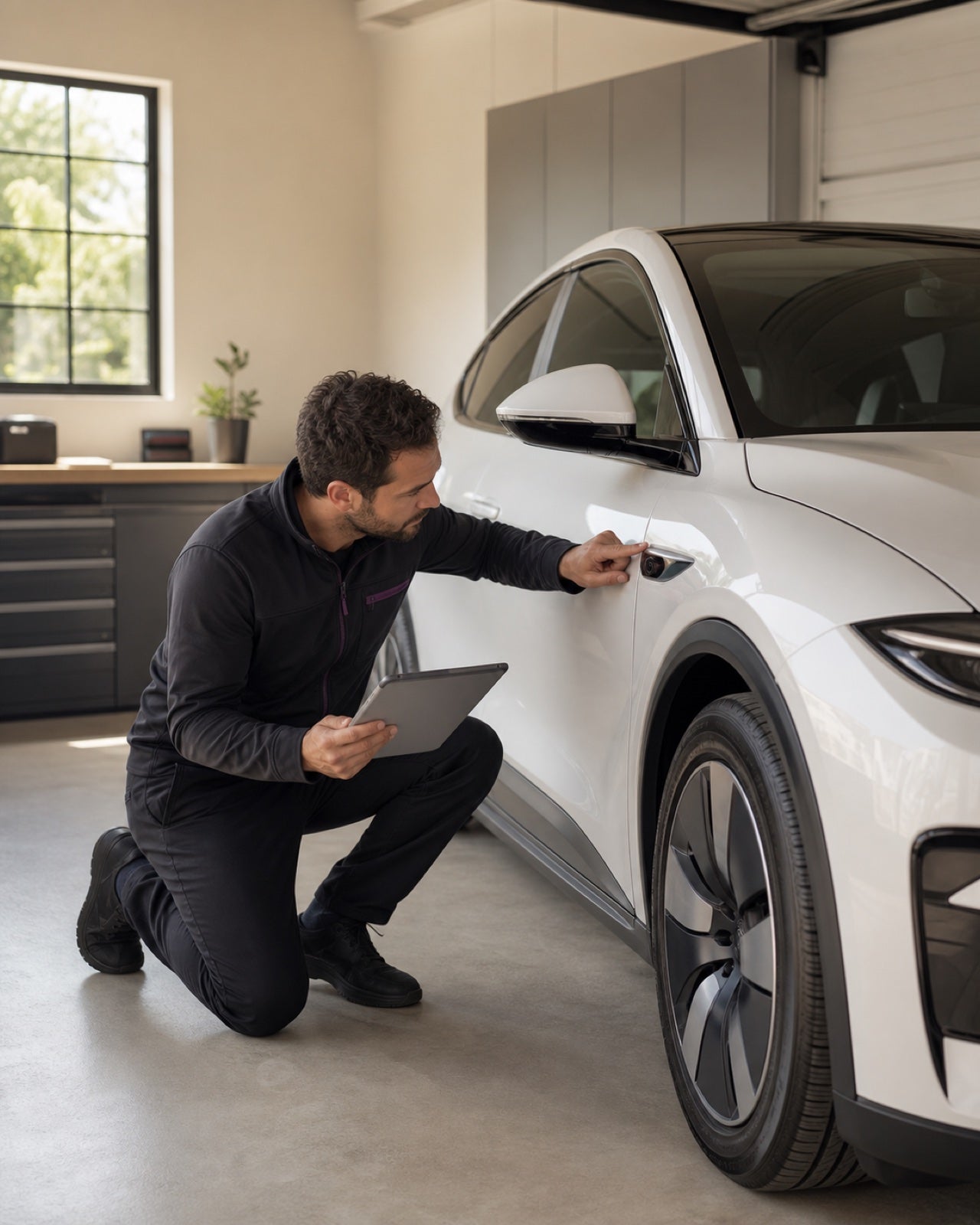 Fitment specialist checking the side-camera housing of a white electric crossover