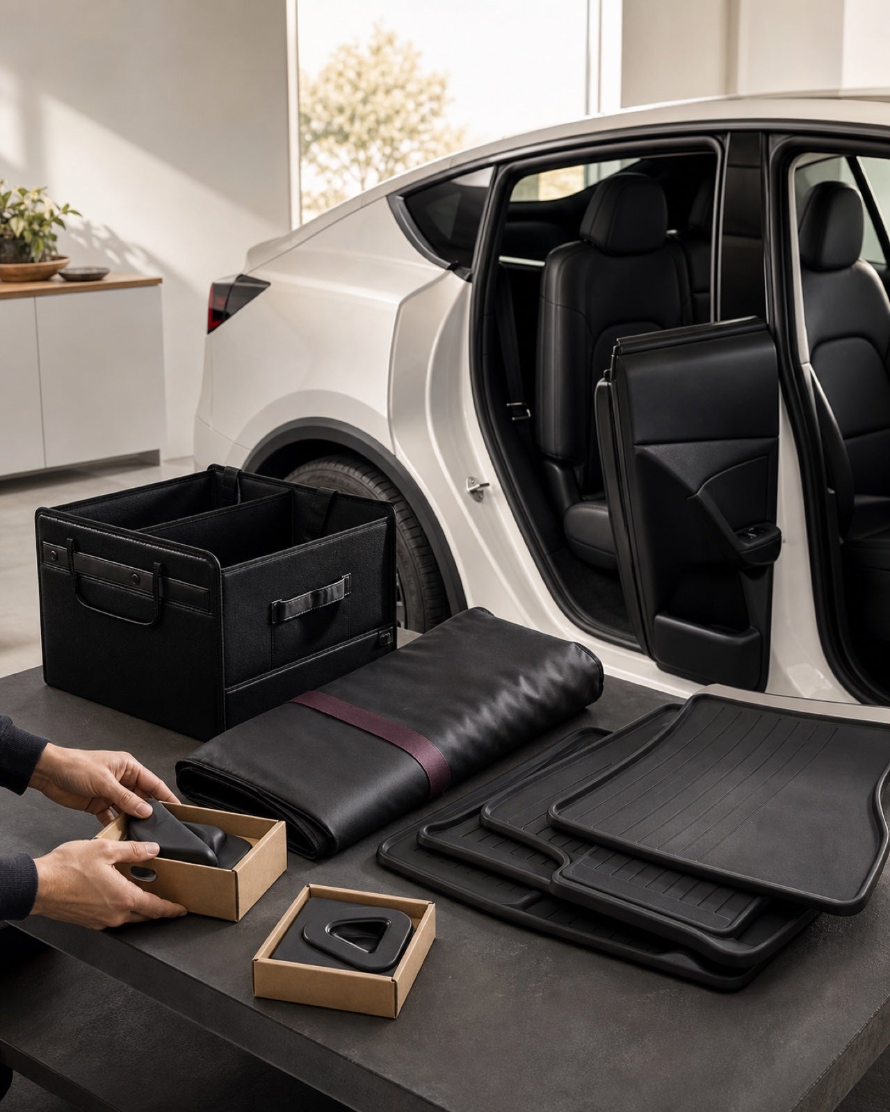 Practical electric-car accessories prepared beside an open white crossover