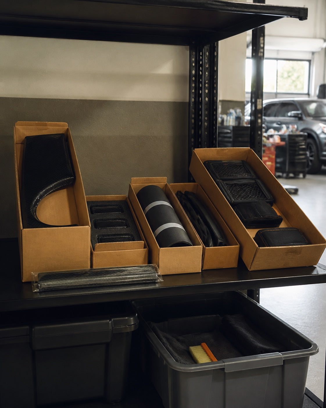 A mixed five-unit wholesale order organized on a professional shop shelf