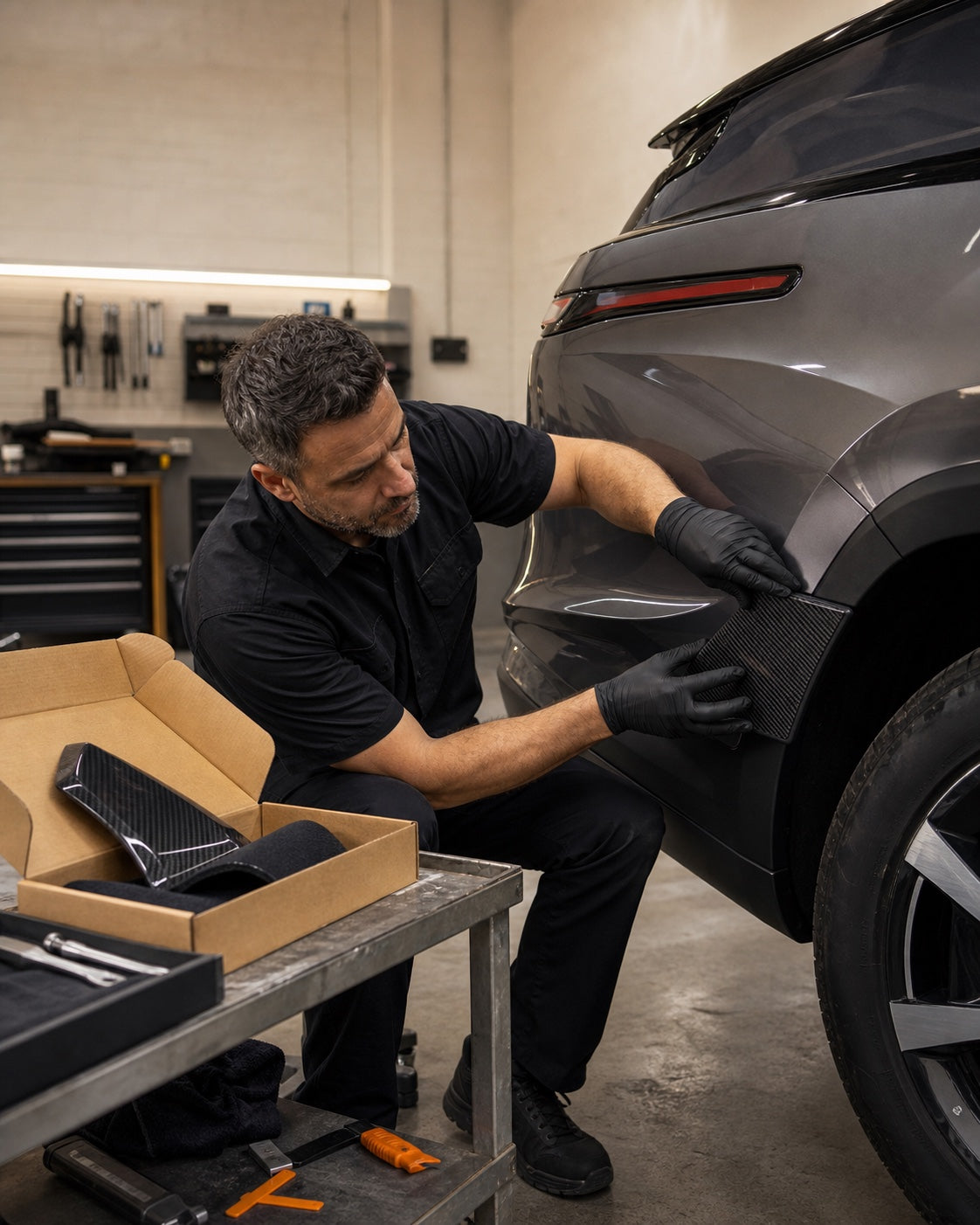 Professional installer dry-fitting an accessory sample before a wholesale order