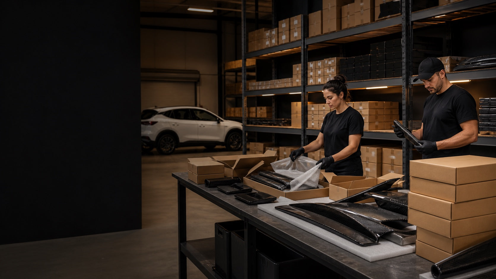 Wholesale automotive accessories being packed in an organized warehouse