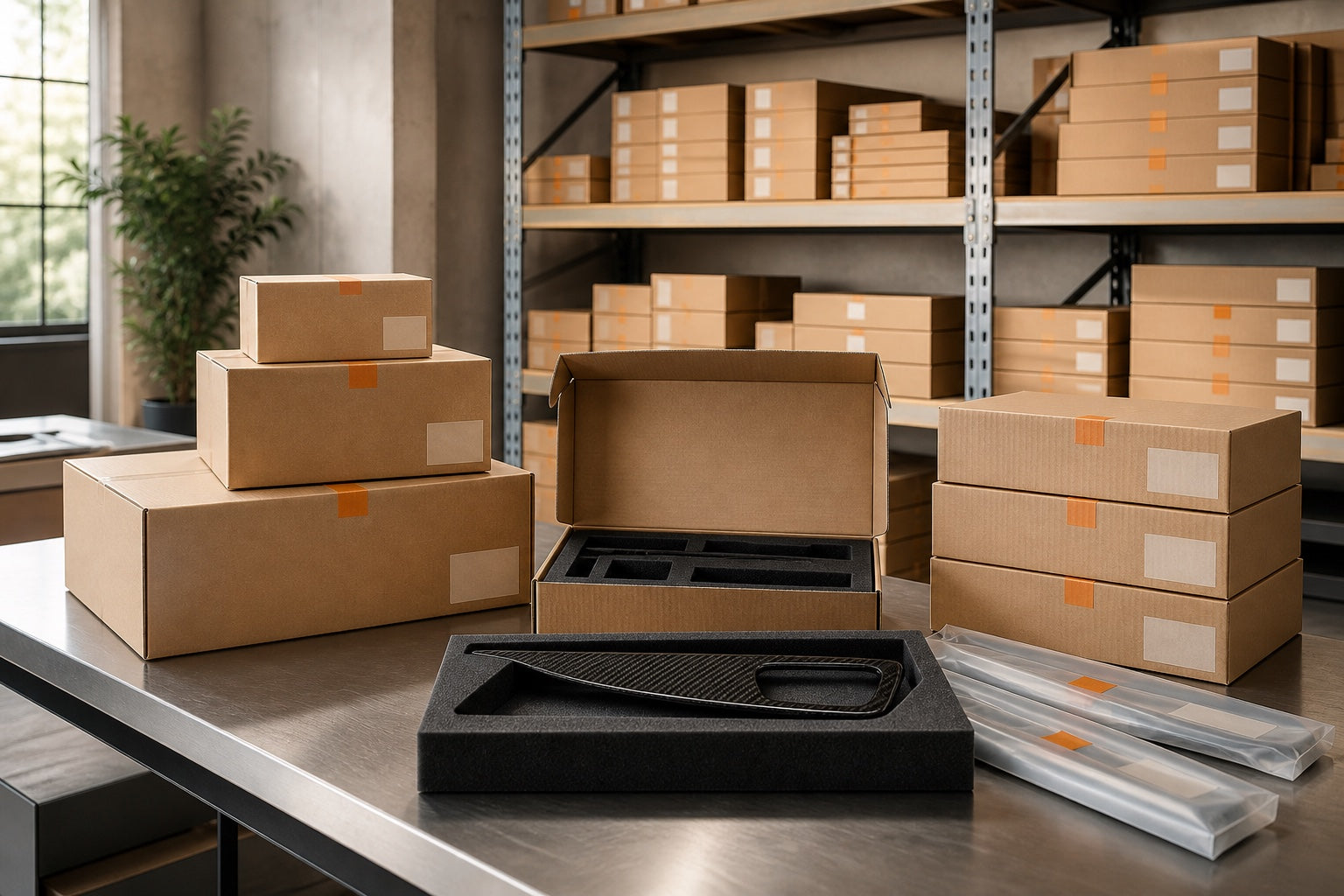 Neutral unbranded wholesale accessory packaging in an organized warehouse